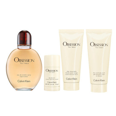 Calvin Klein Obsession 4 Pcs Set For Men: 4.2 Eau De Toilette Spray + 2.6 Deodorant Stick + 3.3 After Shave Balm + 3.3 Body Wash - ACCEXO
