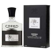 A product image featuring CREED AVENTUS EAU DE PARFUM SPRAY, with a 3.3 fl oz spray bottle on the left and the item's packaging box on the right.