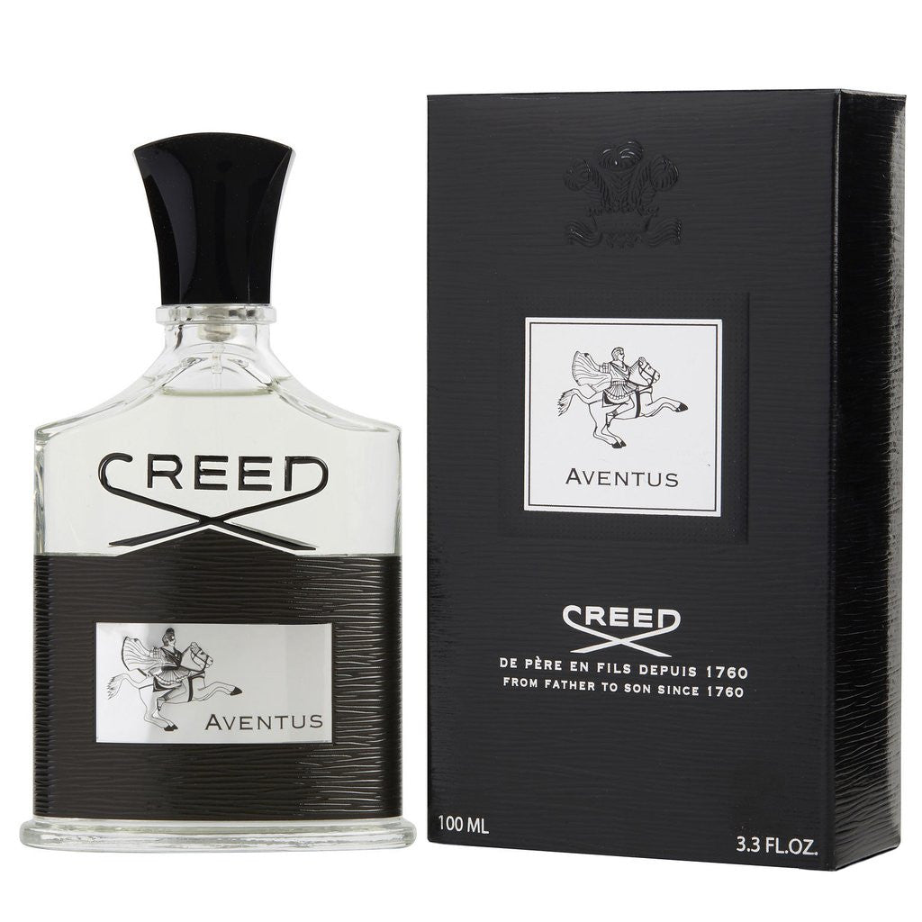 A product image featuring CREED AVENTUS EAU DE PARFUM SPRAY, with a 3.3 fl oz spray bottle on the left and the item's packaging box on the right.