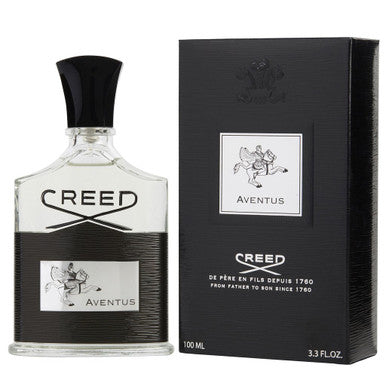 A product image featuring CREED AVENTUS EAU DE PARFUM SPRAY, with a 3.3 fl oz spray bottle on the left and the item's packaging box on the right.