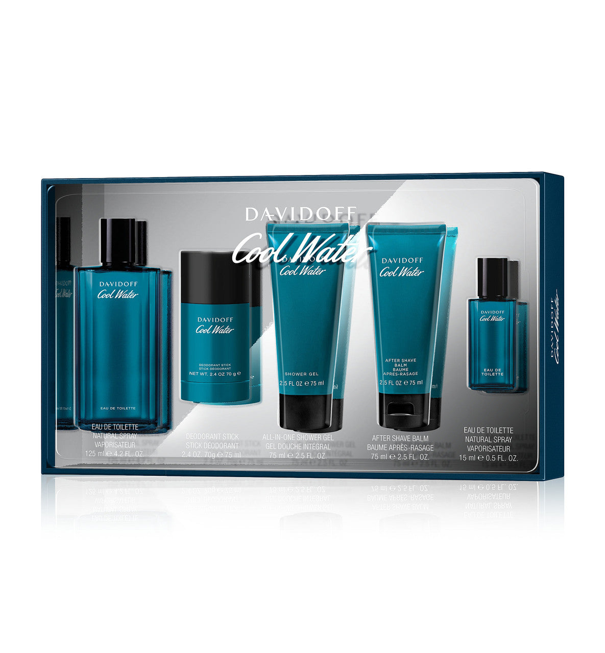COOL WATER 5 PCS SET FOR MEN: 4.2 EAU DE TOILETTE SPRAY + 2.4 DEODORANT STICK + 2.5 SHOWER GEL + 2.5 AFTER SHAVE BALM + 0.5 EAU DE TOILETTE SPRAY