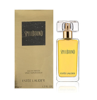 Estee Lauder Spellbound Eau de Parfum spray bottle 1.7 fl oz next to its packaging box.