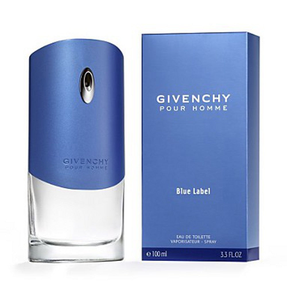 Givenchy Blue Label 3.4 Eau de Toilette spray for men, with a clear glass bottle and blue label, next to its blue box packaging.