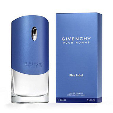 Givenchy Blue Label 3.4 Eau de Toilette spray for men, with a clear glass bottle and blue label, next to its blue box packaging.