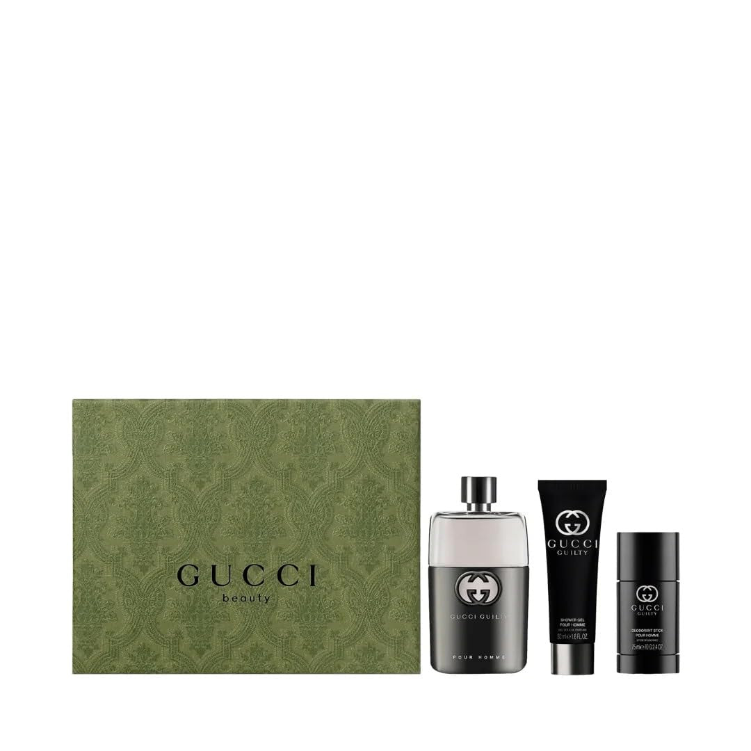 GUCCI GUILTY 3 PCS SET FOR MEN: 3 OZ EAU DE TOILETTE SPRAY + 2.5 DEODORANT STICK + 1.7 SHOWER GEL
