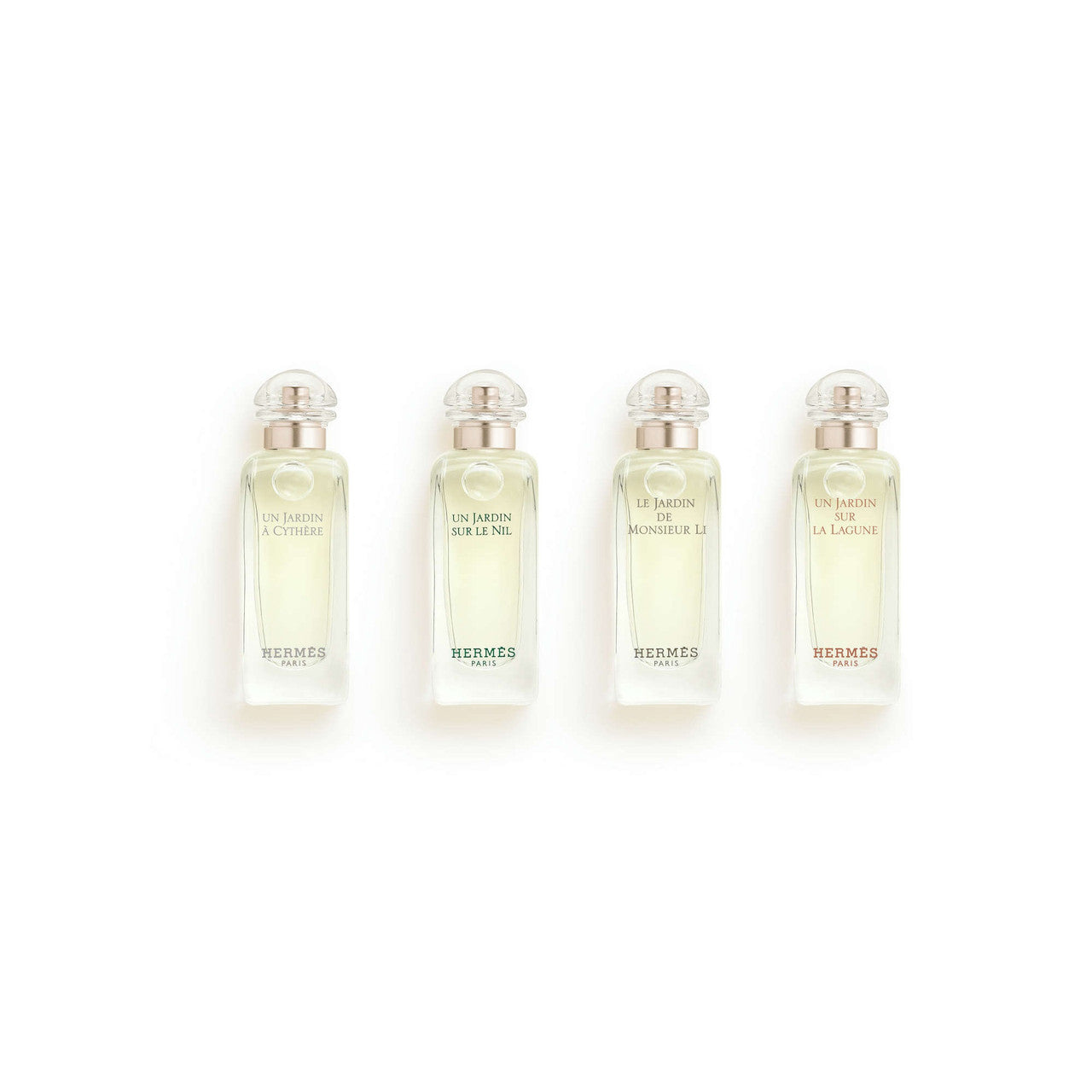 HERMES 4 PCS MINI SET: UN JARDIN A CYTHERE 0.25 EAU DE TOILETTE + UN JARDIN SUR LE NIL 0.25 EAU DE TOILETTE + LE JARDIN DE MONSIEUR LI 0.25 EAU DE TOILETTE + JARDIN SUR LA LAGUNE 0.25 EAU DE TOILETTE