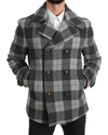 Elegant Gray Check Double Breasted Coat