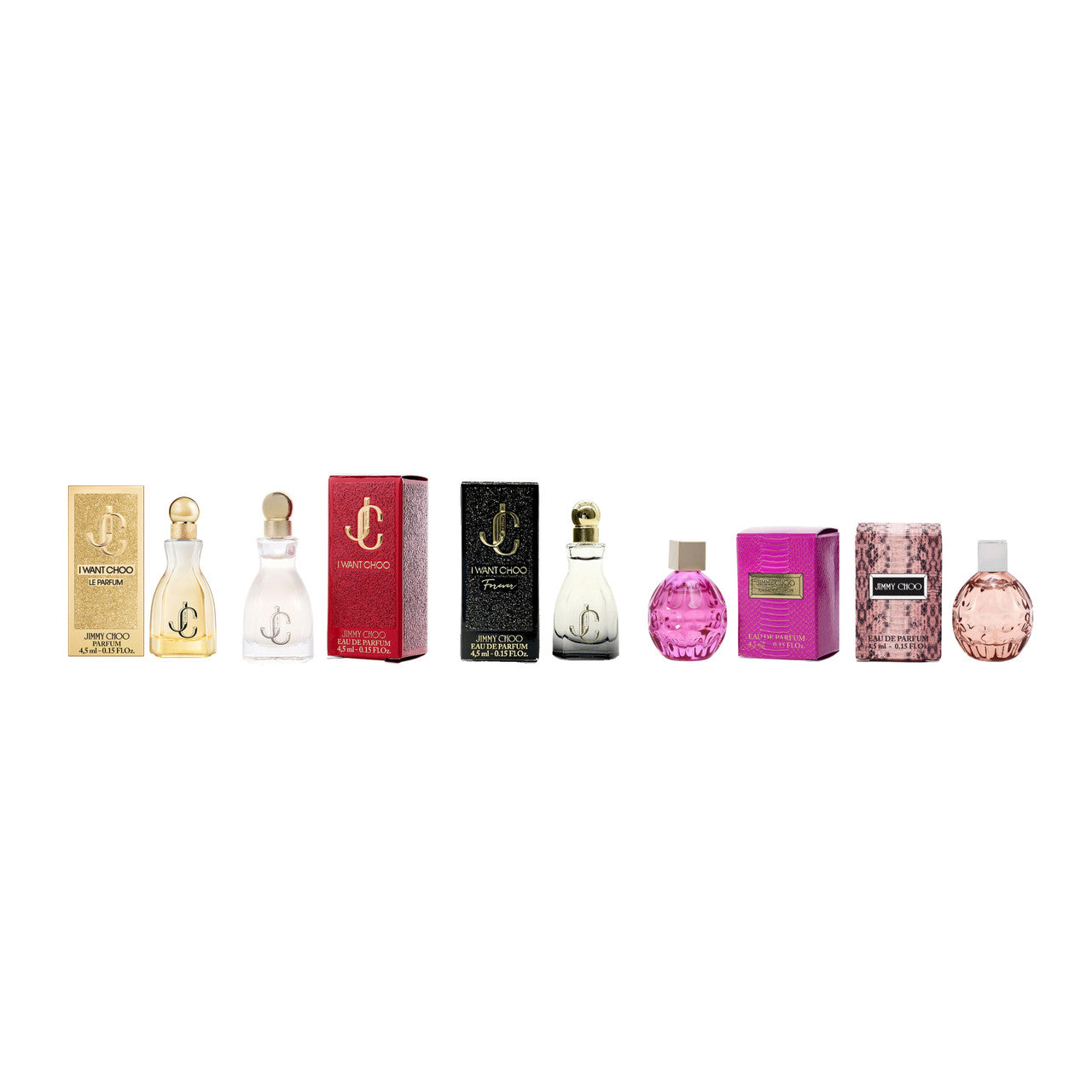 JIMMY CHOO 5 PCS MINI SET FOR WOMEN: I WANT CHOO 4.5 ML PARFUM + ROSE PASSION 4.5 ML EAU DE PARFUM + I WANT CHOO FOREVER 4.5 ML EAU DE PARFUM + 4.5 ML EAU DE PARFUM + I WANT CHOO 4.5 ML EAU DE PARFUM
