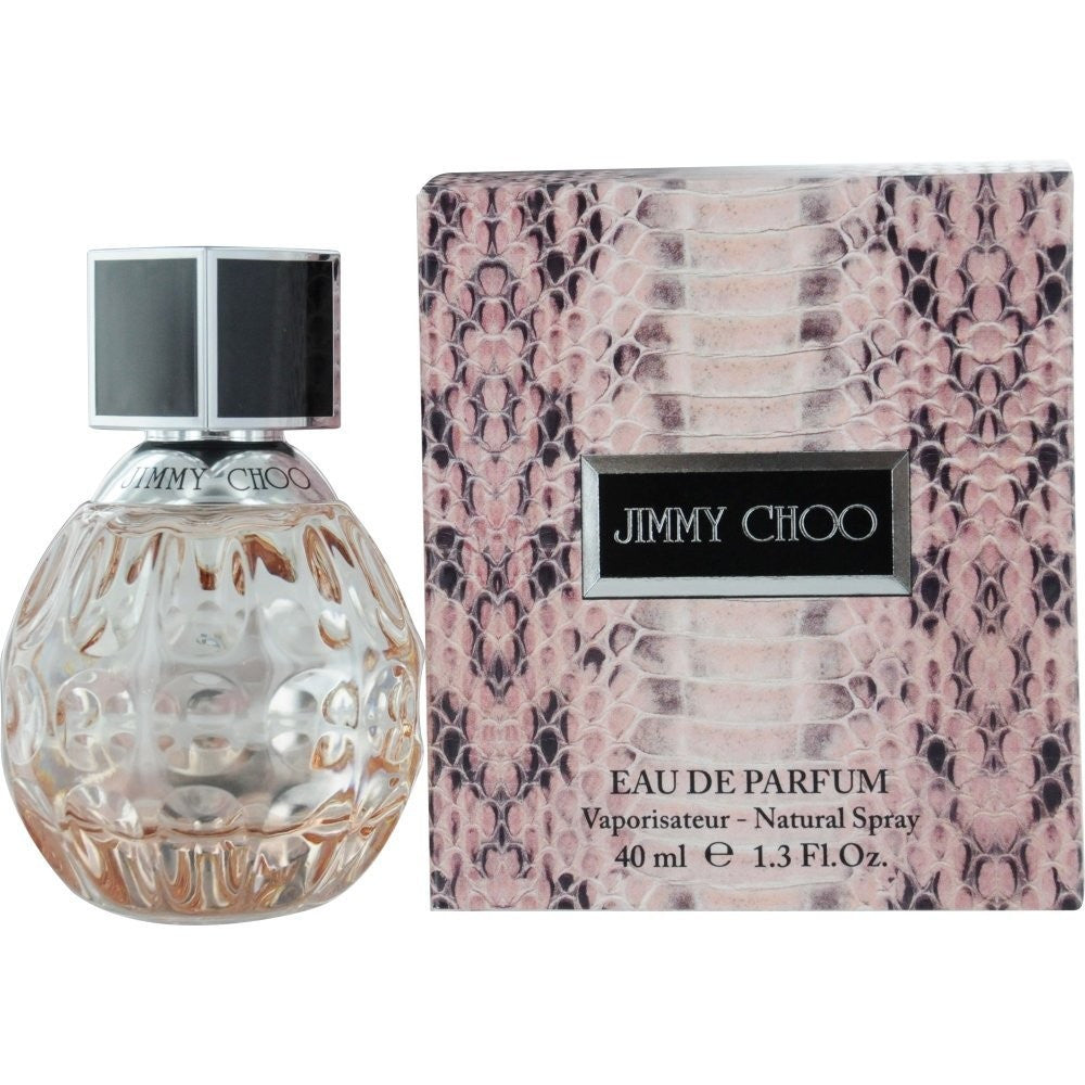 A product image featuring JIMMY CHOO 1.3 EAU DE PARFUM SPRAY with a transparent bottle and a pink floral patterned box.