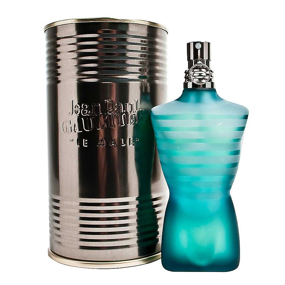 A bottle of Jean Paul Gaultier Le Male 2.5 Eau de Toilette spray for men, with a distinctive turquoise liquid visible inside the clear bottle, alongside its cylindrical metallic packaging.