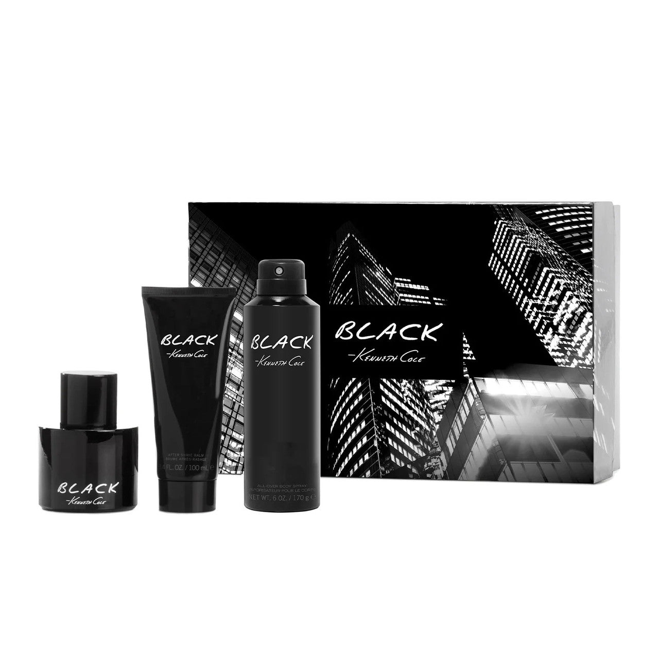 KENNETH COLE BLACK 3 PCS SET FOR MEN: 3.4 EAU DE TOILETTE SPRAY + 3.4 AFTER SHAVE BALM + 6 OZ ALL OVER BODY SPRAY
