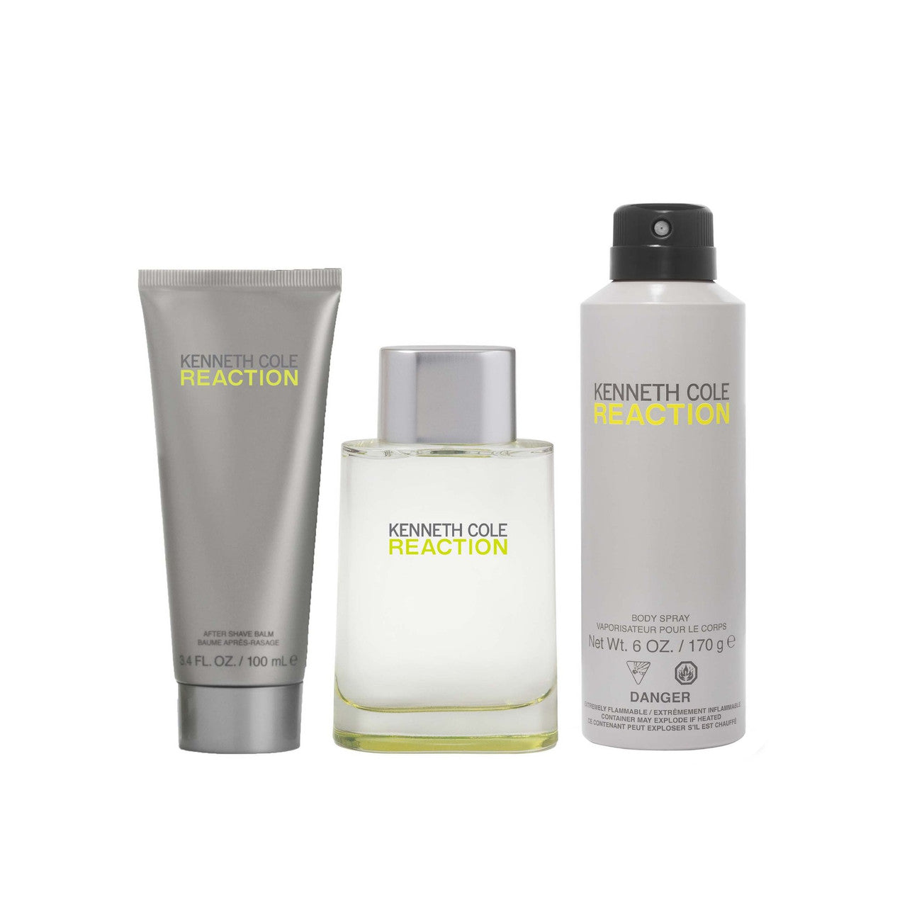 KENNETH COLE REACTION 3 PCS SET FOR MEN: 3.4 EAU DE TOILETTE SPRAY + 3.4 AFTER SHAVE BALM + 6 OZ ALL OVER BODY SPRAY
