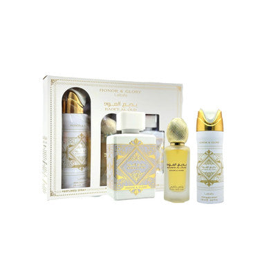 Lattafa Bade'e Al Oud Honor & Glory 3 Pcs Set: 3.4 Eau De Parfum Spray + 1.7 Hair Mist + 6.7 Perfumed Body Spray - ACCEXO