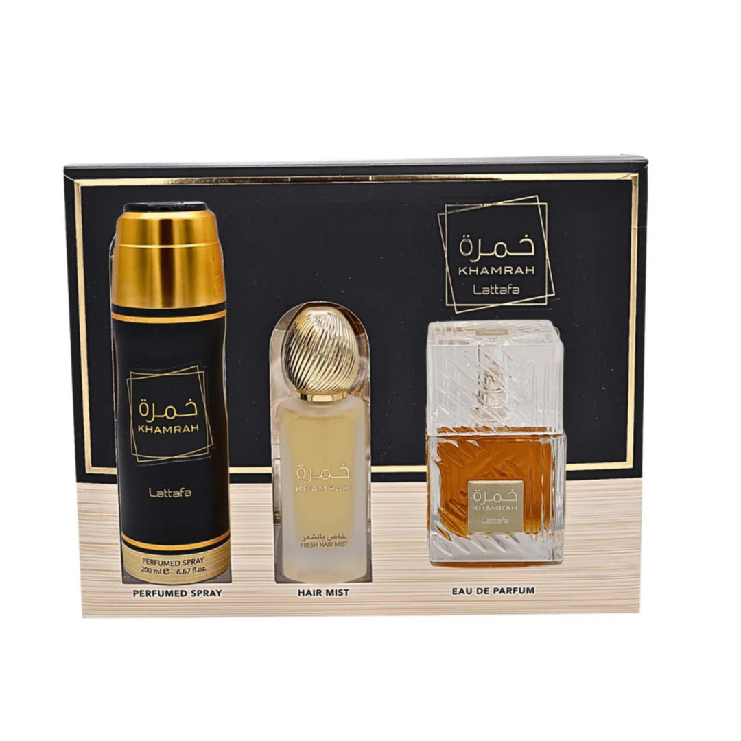 LATTAFA KHAMRAH 3 PCS SET: 3.4 EAU DE PARFUM SPRAY + 6.7 PERFUMED SPRAY + 1.7 HAIR MIST
