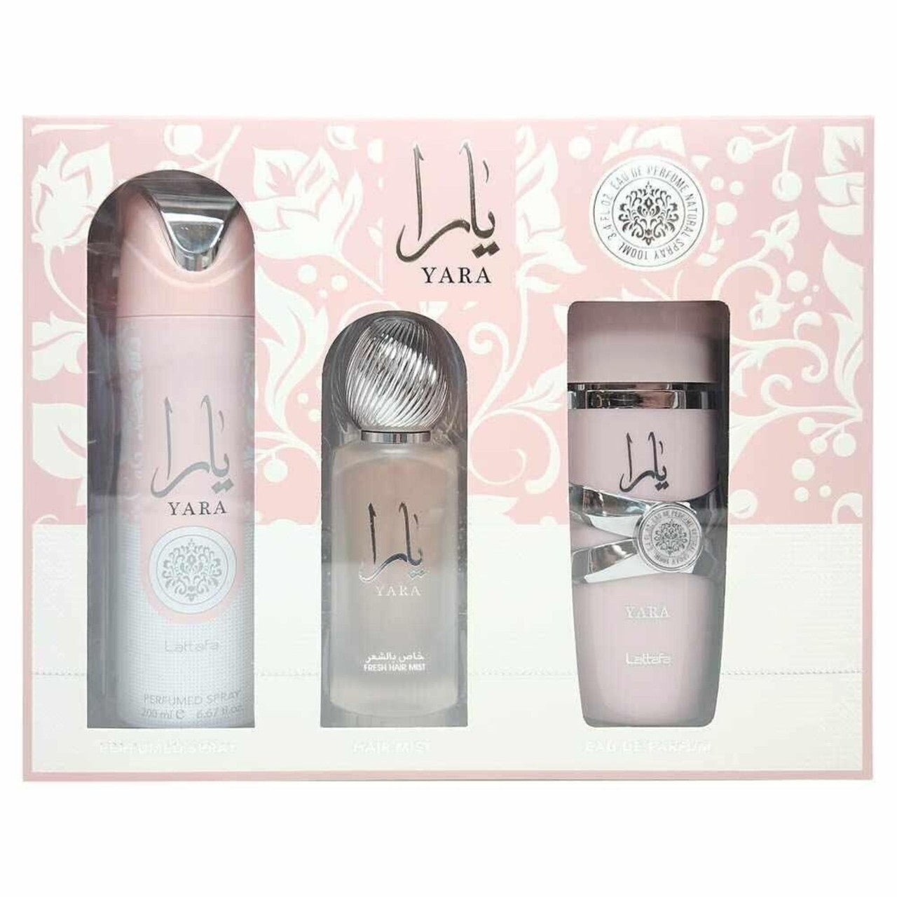 LATTAFA YARA 3 PCS SET FOR WOMEN: 3.4 EAU DE PARFUM SPRAY + 6.7 PERFUMED SPRAY + 1.7 HAIR MIST
