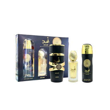 Lattafa Asad 3 Pcs Set For Men: 3.4 Eau De Parfum Spray + 1.7 Hair Mist + 6.7 Perfumed Body Spray - ACCEXO
