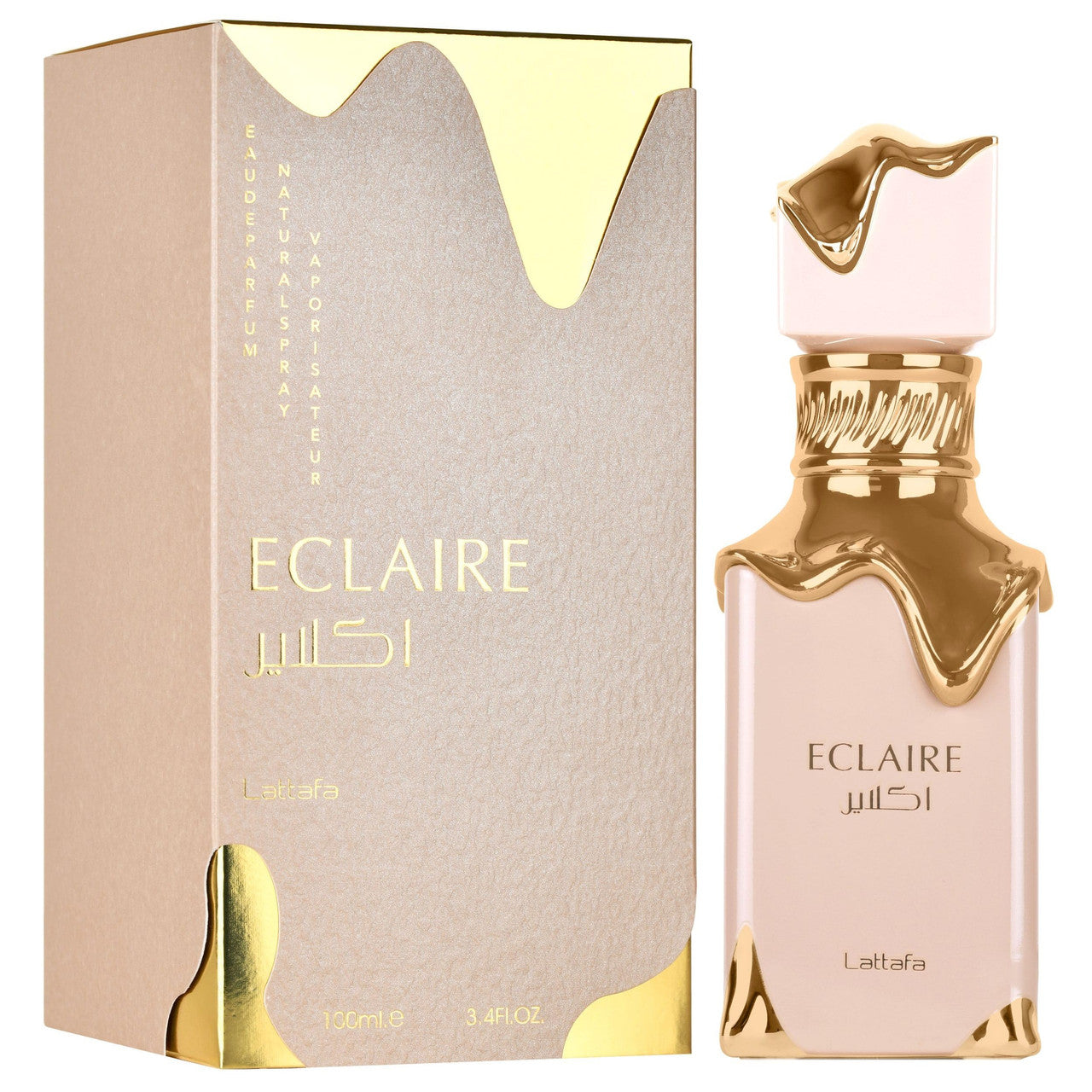 A product image featuring LATTAFA ECLAIRE 3.4 EAU DE PARFUM SPRAY with a bottle and box packaging.