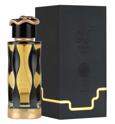 A black and gold EAU DE PARFUM SPRAY bottle with a snake design on the cap, accompanied by its black box packaging with gold accents.