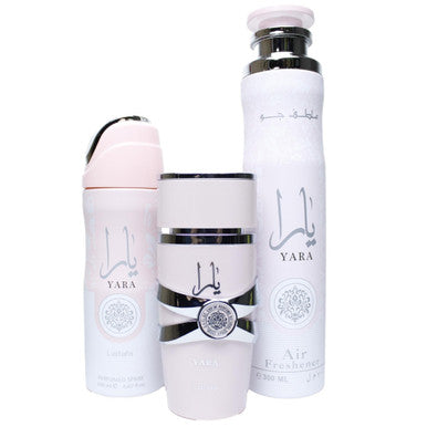 Lattafa Yara 3 Pcs Set For Women: 3.4 Eau De Parfum Spray + 6.7 Perfumed Body Spray + 10 Oz Air Freshener - ACCEXO