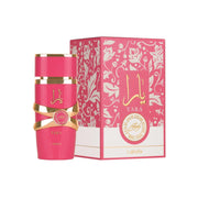 A product image featuring LATTAFA YARA CANDY 3.4 EAU DE PARFUM SPRAY for women, with the perfume bottle in a vibrant pink color and the box displaying floral patterns.
