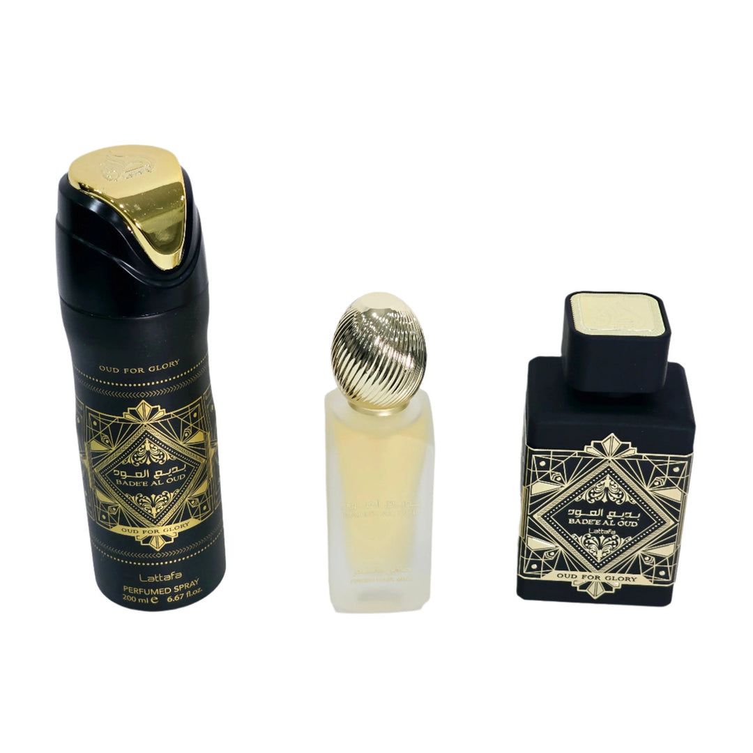 LATTAFA BADE'E AL OUD FOR GLORY 3 PCS SET: 3.4 EAU DE PARFUM SPRAY + 6.7 PERFUMED SPRAY + 1.7 HAIR MIST
