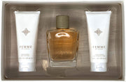 A 3-piece set of USHER FEMME cologne, with a bottle of eau de parfum and two tubes of body care products, all presented in a clear box.