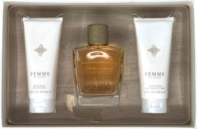 A 3-piece set of USHER FEMME cologne, with a bottle of eau de parfum and two tubes of body care products, all presented in a clear box.