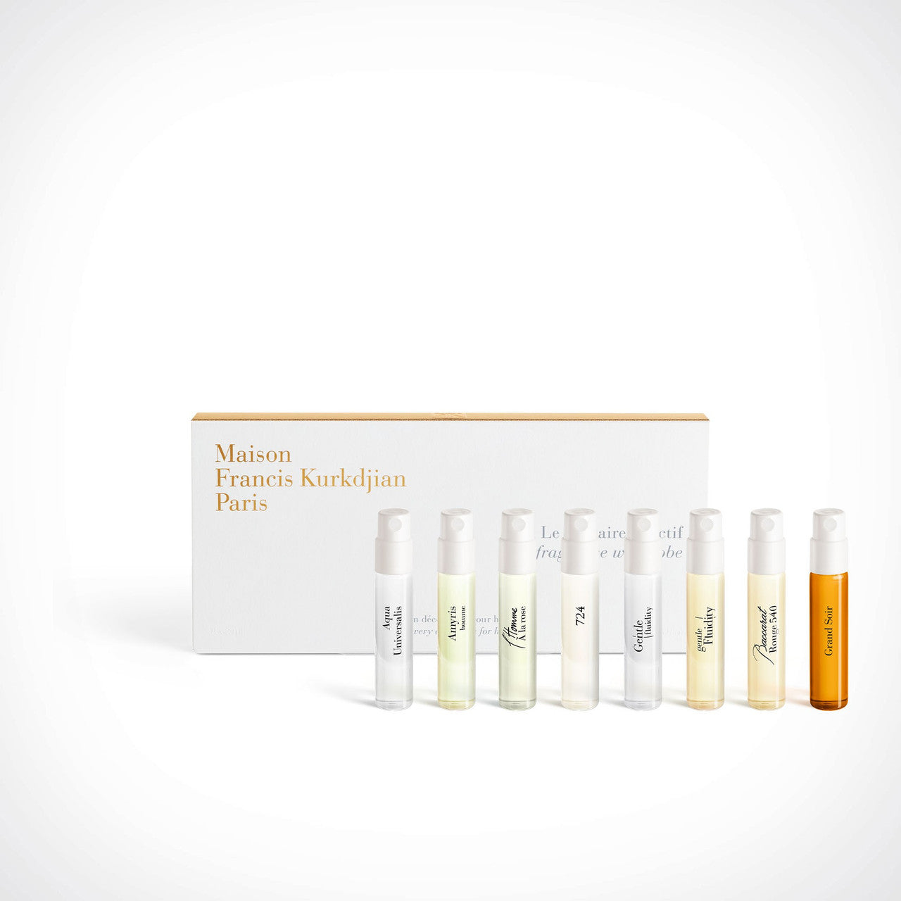 MAISON FRANCIS KURKDJIAN THE FRAGRANCE WARDROBE FOR HER 8 X 0.37 EAU DE PARFUM SPRAY SET: AMYRIS FEMME + APOM + AQUA MEDIA COLOGNE FORTE + GENTLE FLUIDITY GOLD + PETIT MATIN + BACCARAT ROUGE 540 + A LA ROSE + GRAND SOIR