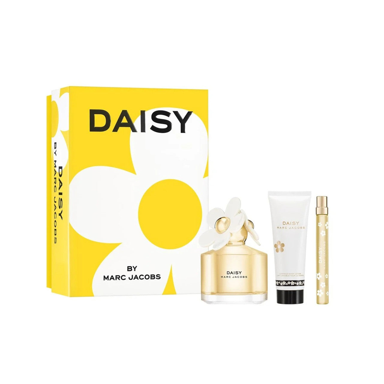 MARC JACOBS DAISY 3 PCS SET FOR WOMEN: 3.3 EAU DE TOILETTE SPRAY + 0.33 EAU DE TOILETTE SPRAY + 2.5 BODY LOTION.
