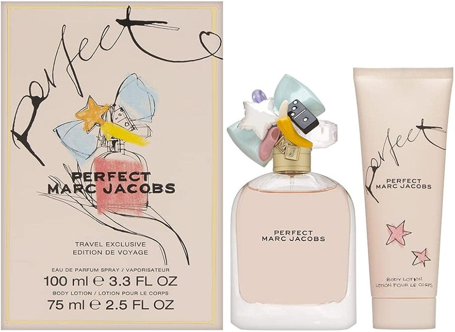 A set of MARC JACOBS PERFECT perfume and body lotion, with the perfume bottle and lotion tube displayed in front of a box that has the product name and an illustration of a flower.
