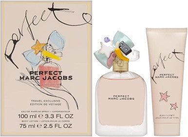 A set of MARC JACOBS PERFECT perfume and body lotion, with the perfume bottle and lotion tube displayed in front of a box that has the product name and an illustration of a flower.