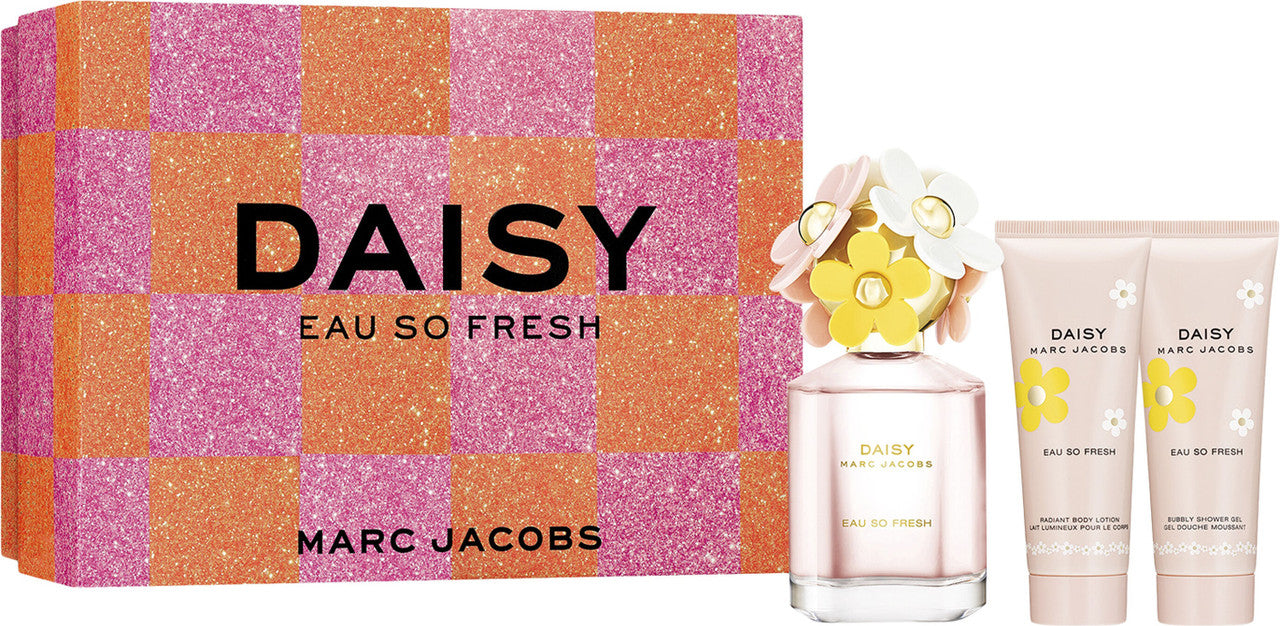 MARC JACOBS DAISY EAU SO FRESH 3 PCS SET FOR WOMEN: 2.5 EAU DE TOILETTE SPRAY + 2.5 BODY LOTION + 2.5 SHOWER GEL.
