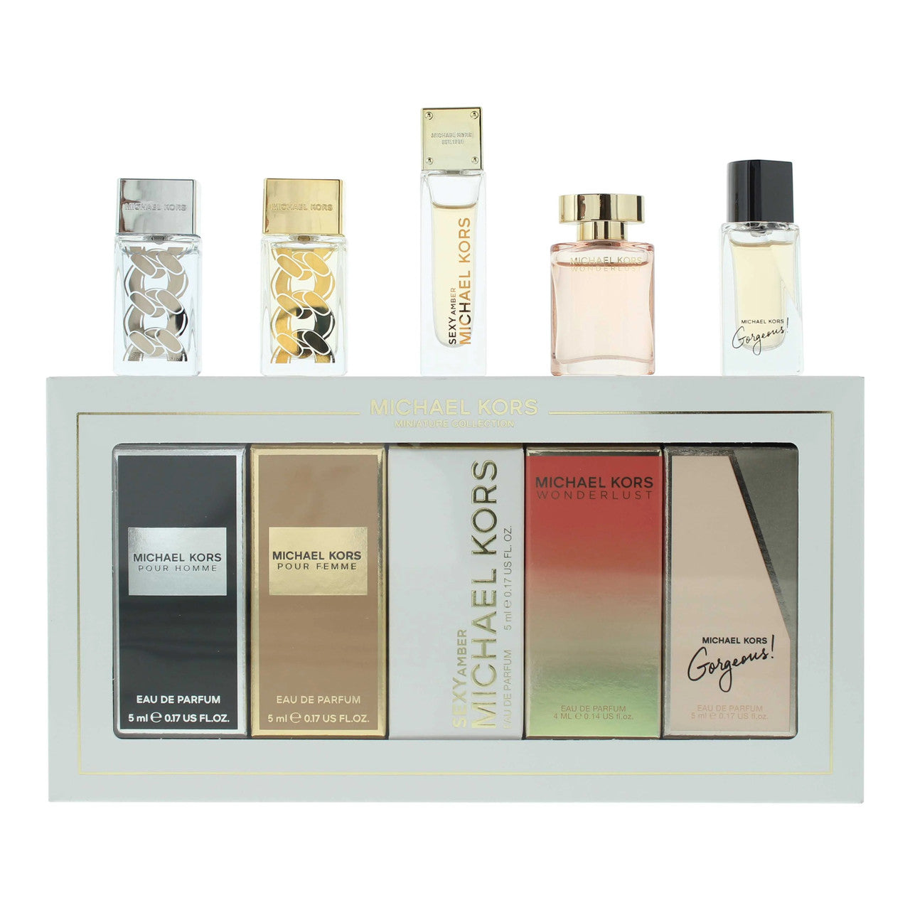 MICHAEL KORS 5 PCS MINI SET: POUR FEMME 5 ML EAU DE PARFUM + SEXY AMBER 5 ML EAU DE PARFUM + WONDERLUST 4 ML EAU DE PARFUM + GORGEOUS 5 ML EAU DE PARFUM + POUR HOMME 5 ML EAU DE PARFUM 

