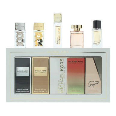 Michael Kors 5 Pcs Mini Set: Pour Femme 5 Ml Eau De Parfum + Sexy Amber 5 Ml Eau De Parfum + Wonderlust 4 Ml Eau De Parfum + Gorgeous 5 Ml Eau De Parfum + Pour Homme 5 Ml Eau De Parfum - ACCEXO