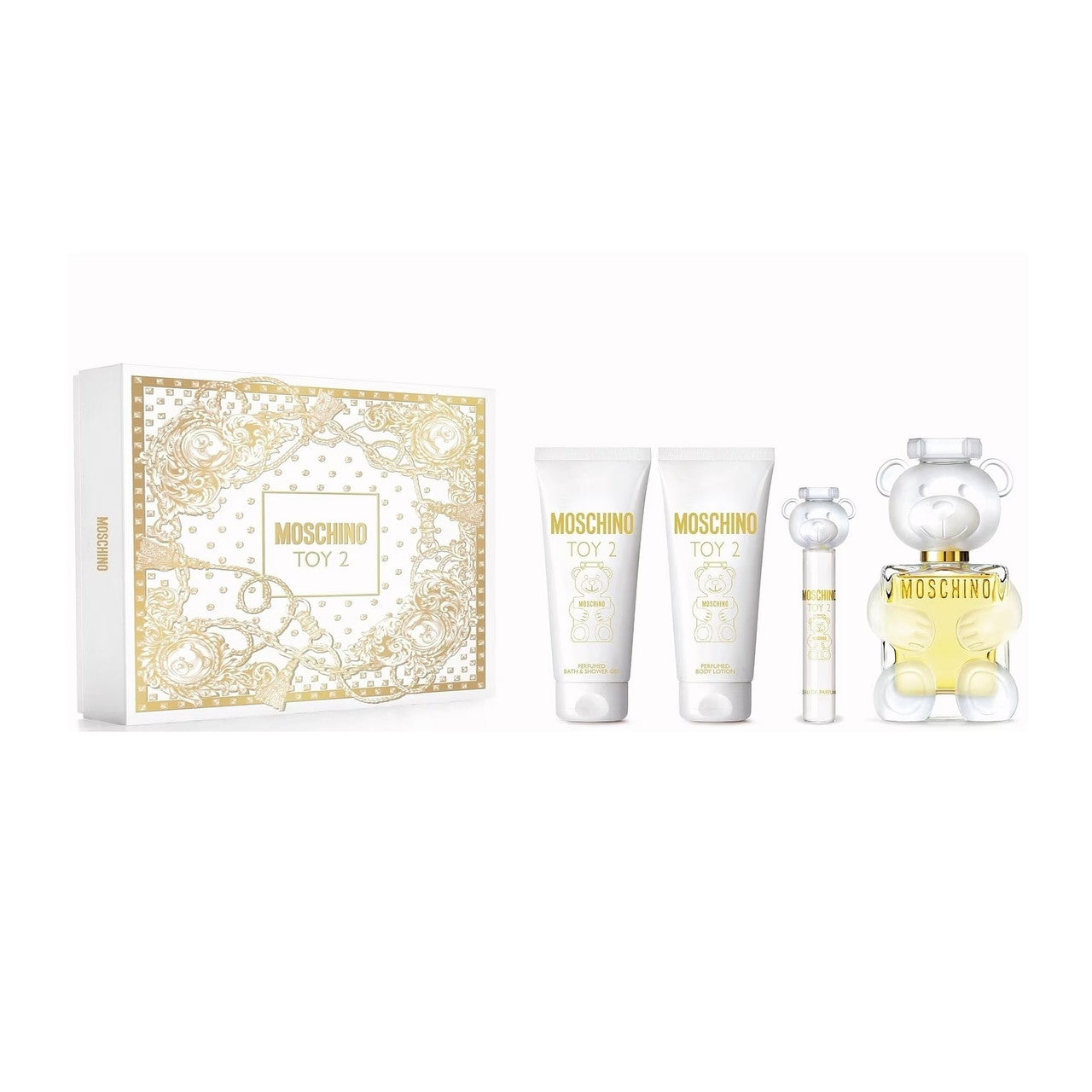 MOSCHINO TOY 2 4 PCS SET FOR WOMEN: 3.4 EAU DE PARFUM SPRAY + 0.34 EAU DE PARFUM SPRAY + 3.4 BATH & SHOWER GEL + 3.4 BODY LOTION
