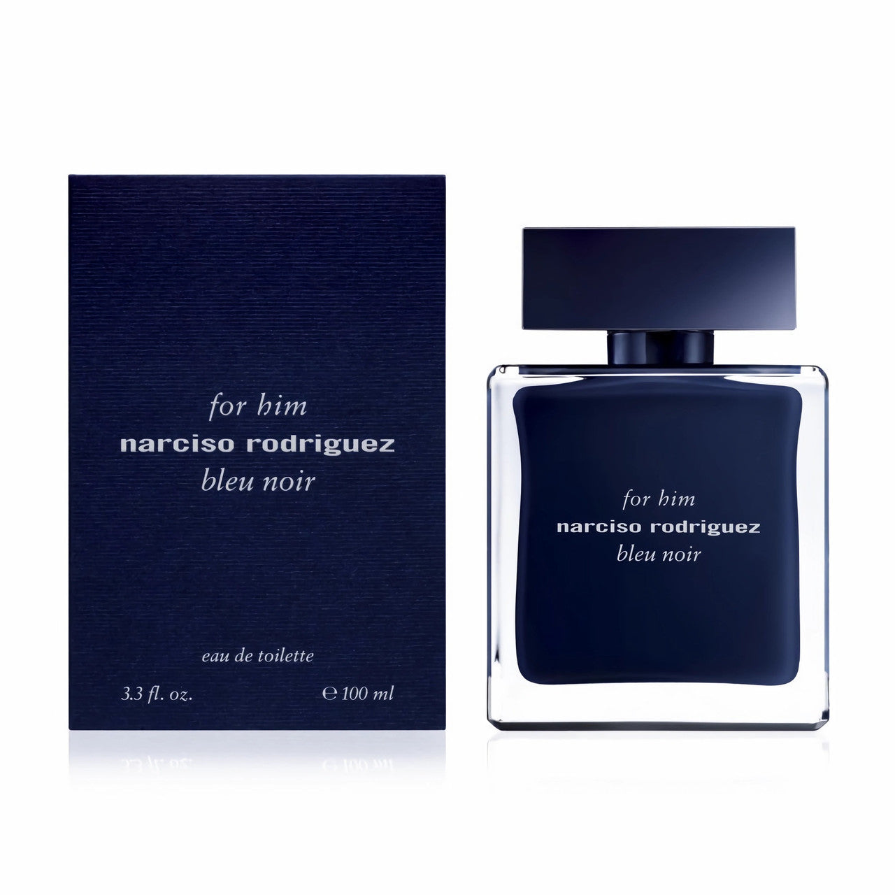 Narciso Rodriguez Bleu Noir eau de toilette spray bottle for men, with packaging, displaying the product name and fragrance.