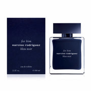 Narciso Rodriguez Bleu Noir eau de toilette spray bottle for men, with packaging, displaying the product name and fragrance.