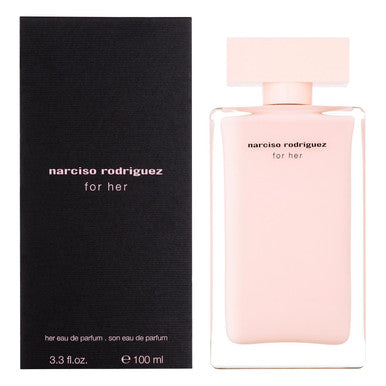 NARCISO RODRIGUEZ eau de parfum spray bottle in pink packaging with black box, labeled 'for her'.
