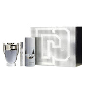 PACO RABANNE INVICTUS 3 PCS SET: 3.4 EAU DE TOILETTE SPRAY + 5.1 OZ DEODORANT SPRAY + 0.34 OZ EAU DE TOILETTE TRAVEL SPRAY (METAL BOX)