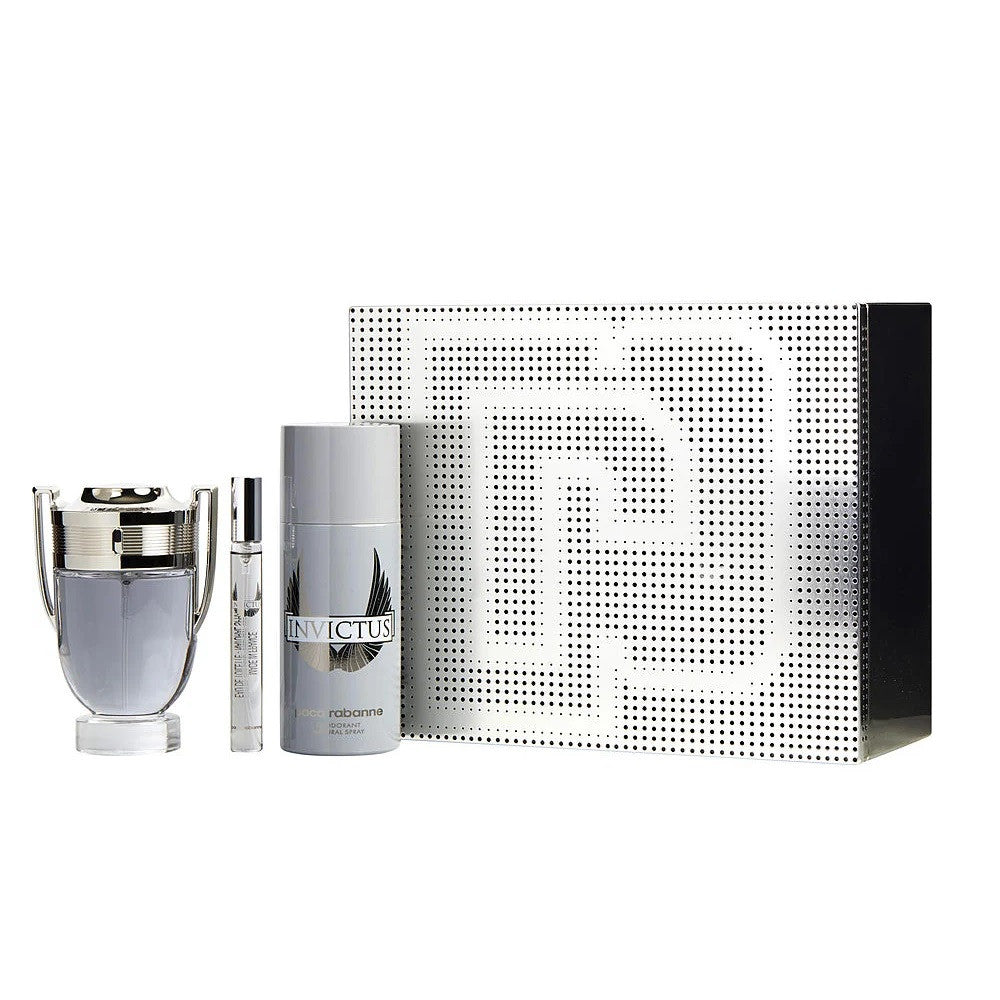 PACO RABANNE INVICTUS 3 PCS SET: 3.4 EAU DE TOILETTE SPRAY + 5.1 OZ DEODORANT SPRAY + 0.34 OZ EAU DE TOILETTE TRAVEL SPRAY (METAL BOX)