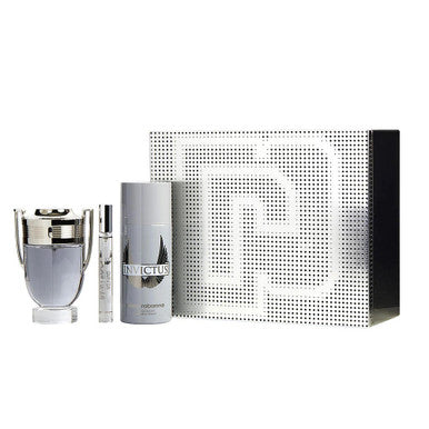 Paco Rabanne Invictus 3 Pcs Set: 3.4 Eau De Toilette Spray + 5.1 Oz Deodorant Spray + 0.34 Oz Eau De Toilette Travel Spray (Metal Box) - ACCEXO