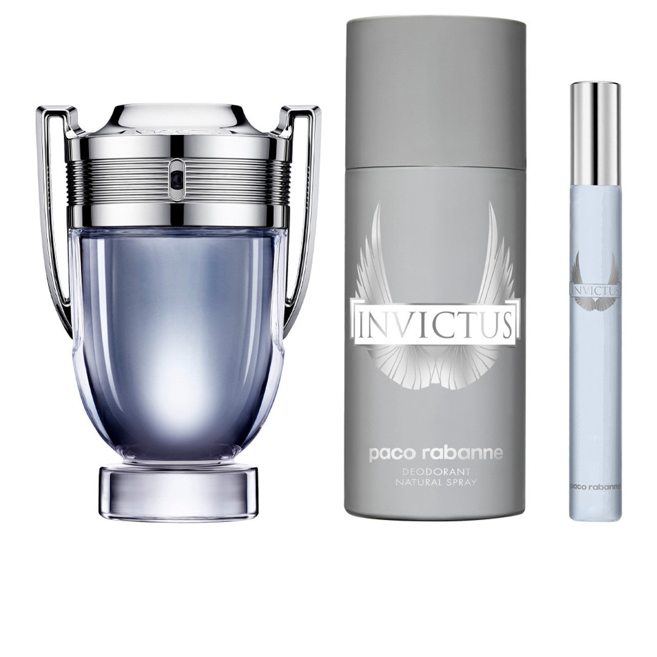 PACO RABANNE INVICTUS 3 PCS SET FOR MEN: 3.4 EAU DE TOILETTE SPRAY + 0.34 EAU DE TOILETTE SPRAY + 5.1 DEODORANT SPRAY