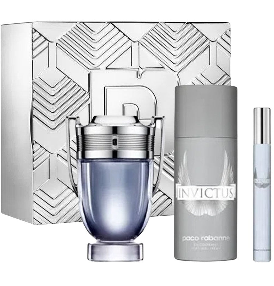 PACO RABANNE INVICTUS 3 PCS SET FOR MEN: 3.4 EAU DE TOILETTE SPRAY + 5.1 DEODORANT SPRAY + 0.34 EAU DE TOILETTE SPRAY..