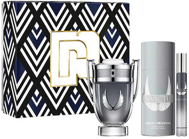 Paco Rabanne Invictus Platinum 3 Pcs Set For Men: 3.4 Eau De Parfum + 5.1 Deodorant Spray + 0.34 Eau De Parfum - ACCEXO