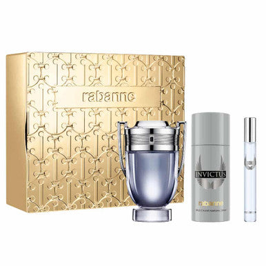 Paco Rabanne Invictus 3 Pcs Set: 3.4 Eau De Toilette Spray + 0.34 Eau De Toilette Spray + 5.1 Deodorant Spray (Metal) - ACCEXO
