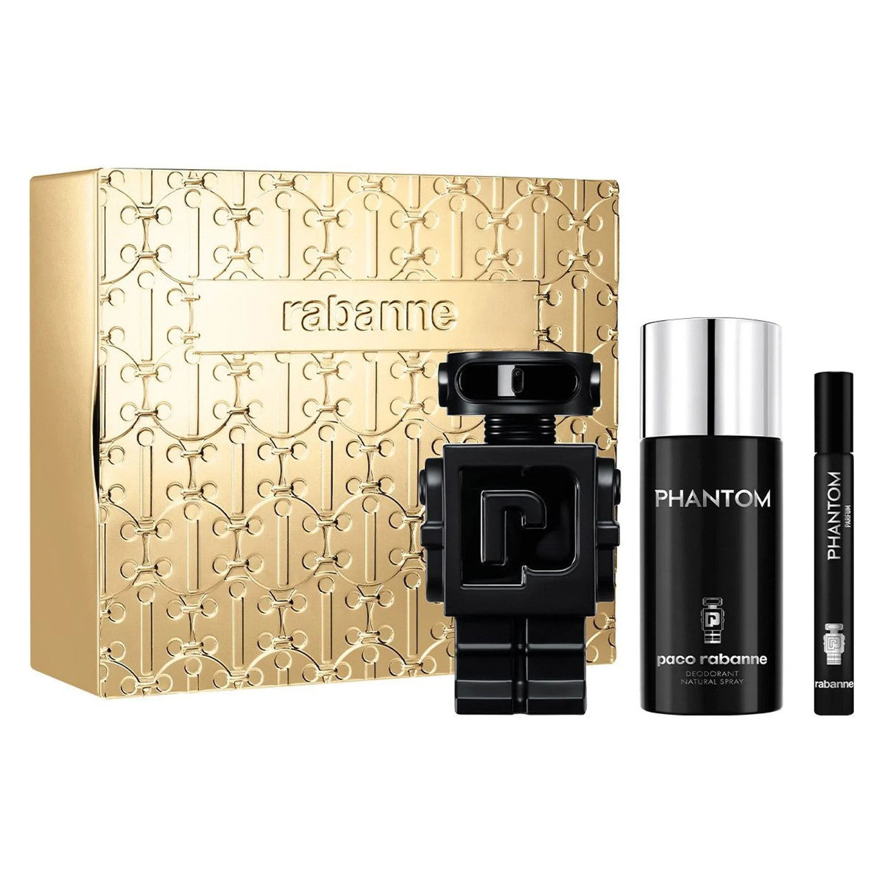 PACO RABANNE PHANTOM PARFUM 3 PCS SET FOR MEN: 3.4 PARFUM SPRAY + 5.1 DEODORANT SPRAY + 0.34 PARFUM SPRAY
