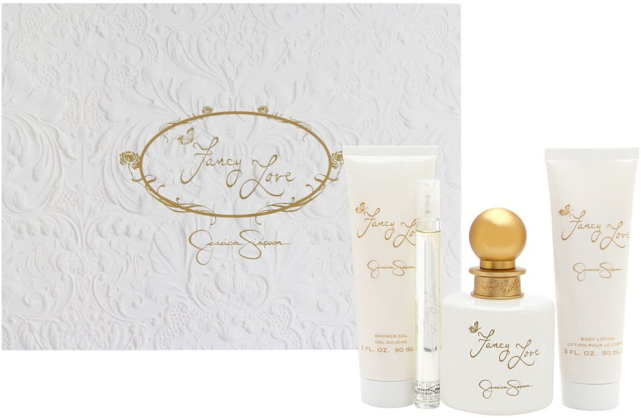 JESSICA SIMPSON FANCY LOVE 4 PCS SET FOR WOMEN: 3.4 EAU DE PARFUM SPRAY + 0.34 EAU DE PARFUM SPRAY + 3 OZ BODY LOTION + 3 OZ BATH & SHOWER GEL