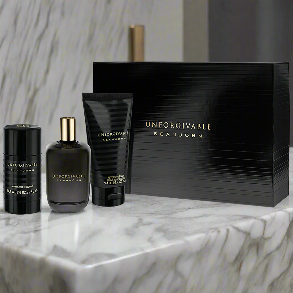 Sean John Unforgivable men's grooming set on a marble surface