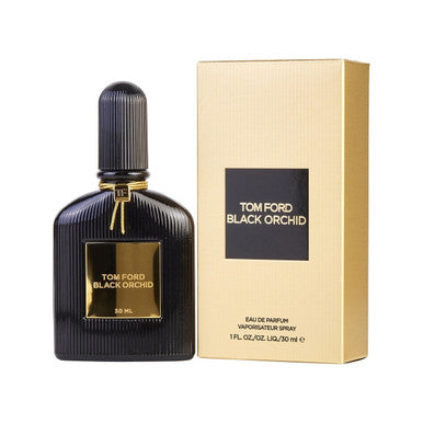 A product image featuring TOM FORD BLACK ORCHID EAU DE PARFUM SPRAY with a black bottle and gold accents, next to its packaging box.