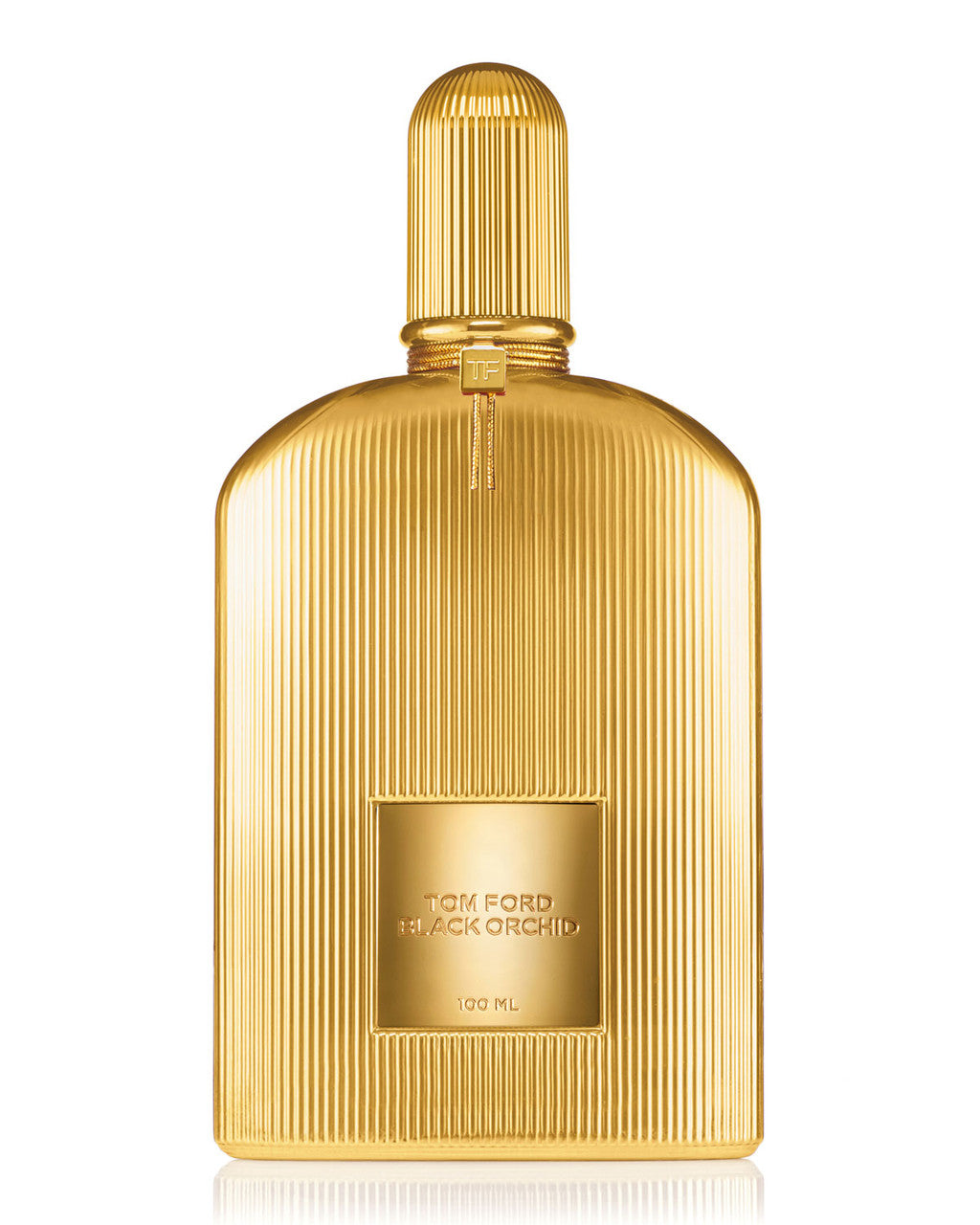 A golden textured bottle of TOM FORD BLACK ORCHID parfum spray for women.